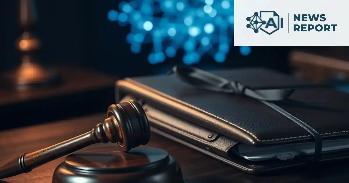 A wooden gavel and a tied leather folder on a dark desk, with a glowing blue network pattern behind them.