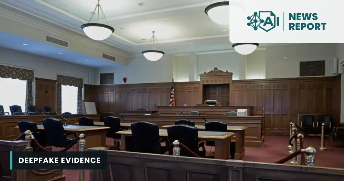 Empty wood-panelled US federal courtroom with the judge's bench, counsel tables, leather chairs and an American flag