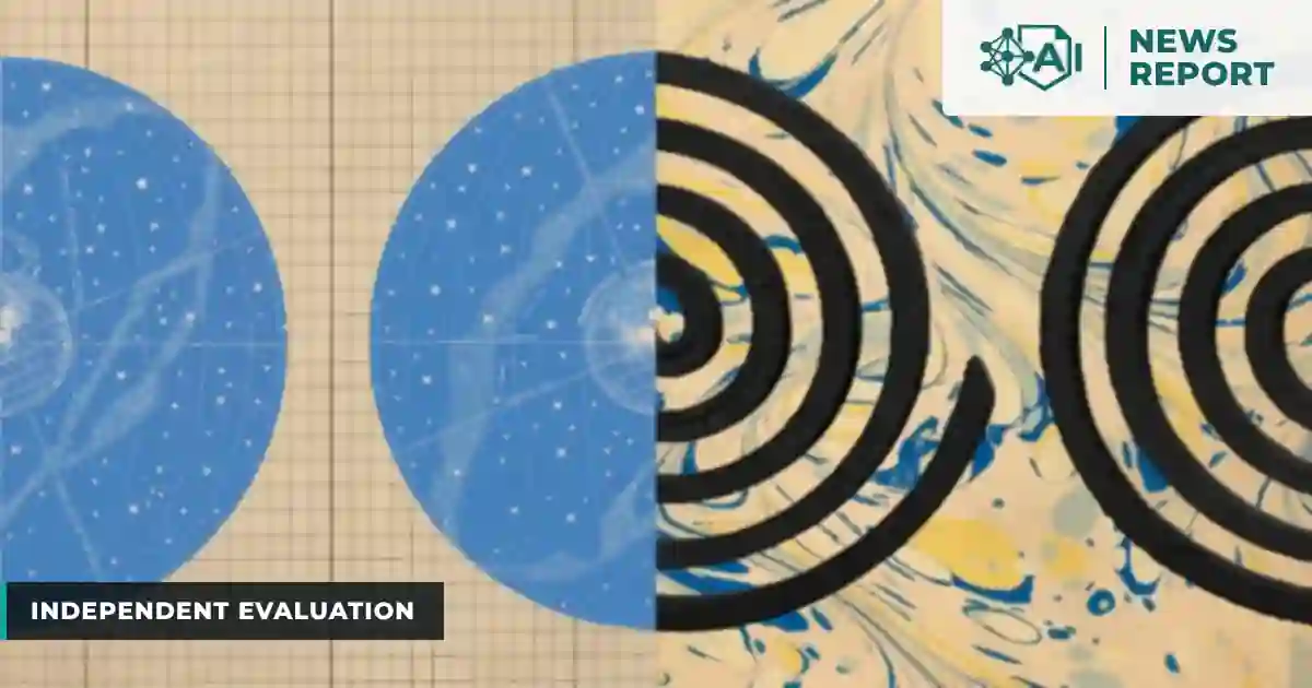 Abstract artwork of blue celestial globes on graph paper beside black spirals on marbled paper, with the AI News Report logo panel