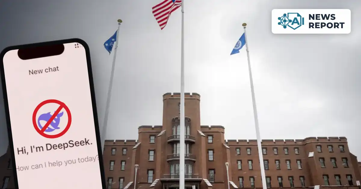 A smartphone showing the DeepSeek chatbot with a red prohibition symbol over its whale logo, in front of the Department of Homeland Security headquarters building at St. Elizabeths in Washington, with US and DHS flags flying