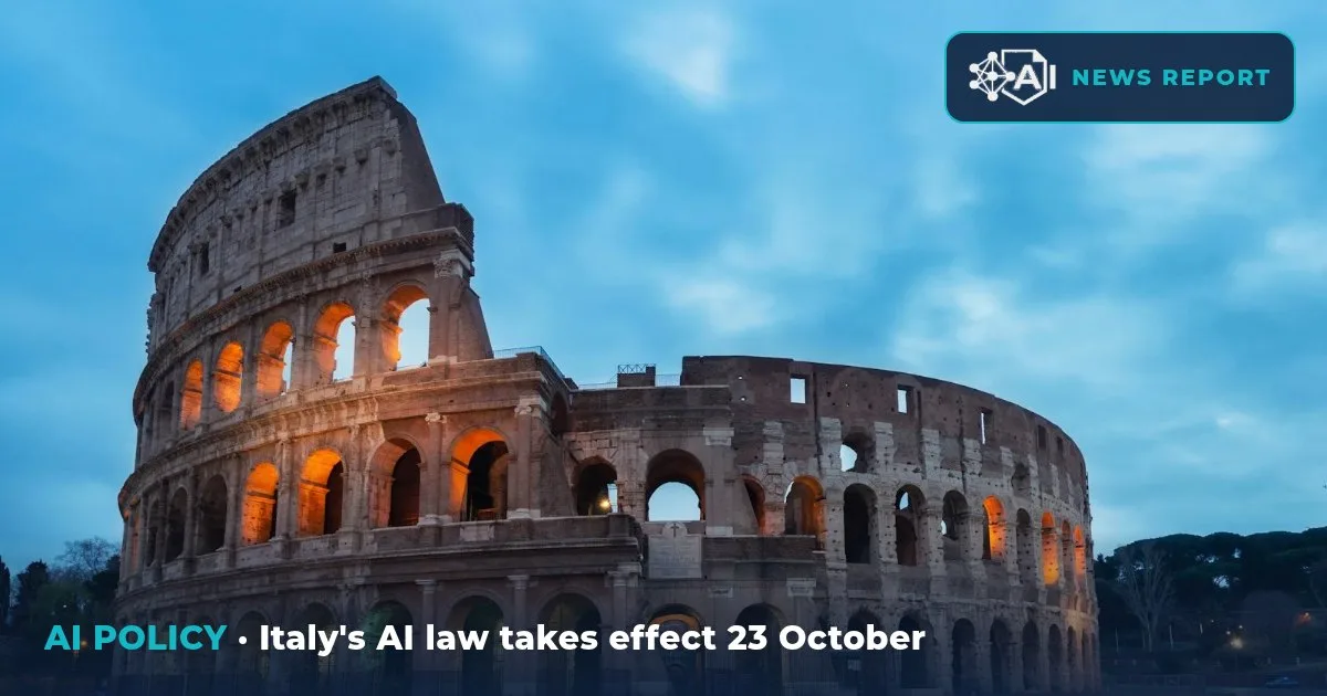 The Colosseum in Rome at blue hour under a cloudy sky, with the AI News Report badge in the top-right corner