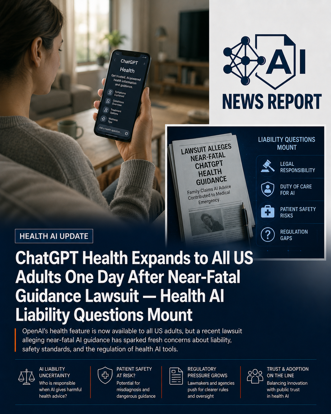 ChatGPT Health expansion raises AI liability concerns.