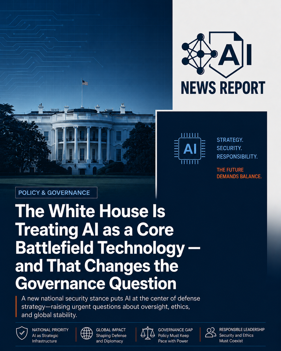 White House and AI chip graphic illustrating the U.S. government’s focus on artificial intelligence as a core battlefield and national security technology.