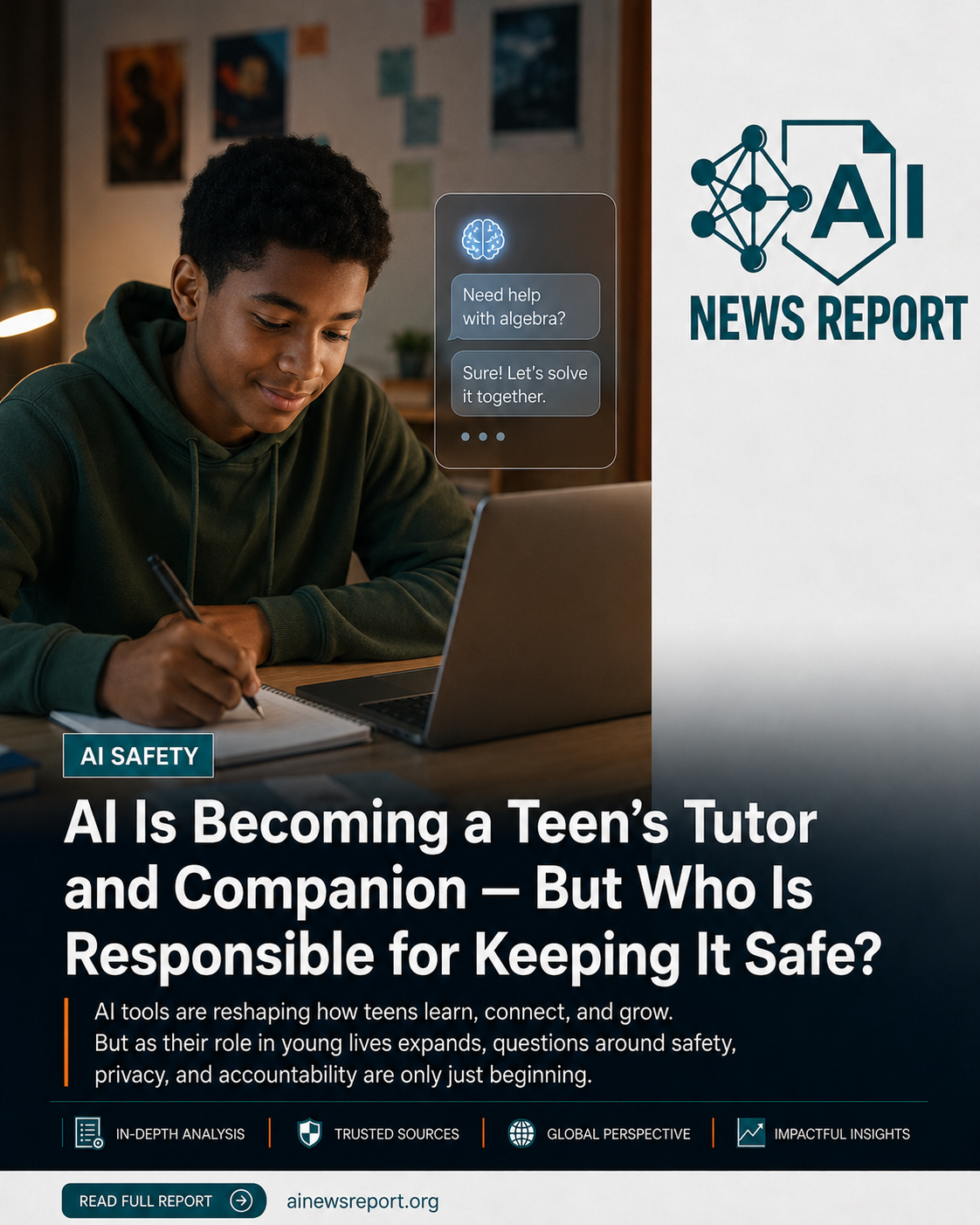 Teen student using laptop at desk with AI chatbot helping with algebra homework, featured in AI News Report on AI safety for teens