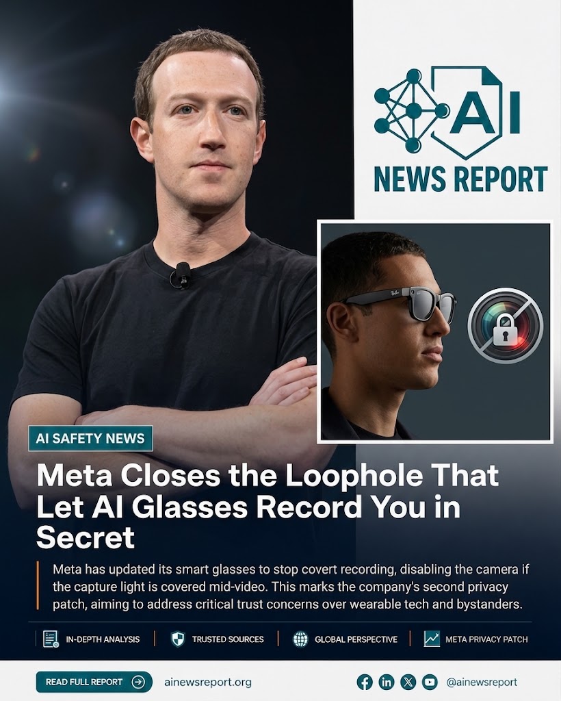 A news report graphic with Mark Zuckerberg featuring a headline about Meta's smart glasses privacy update.