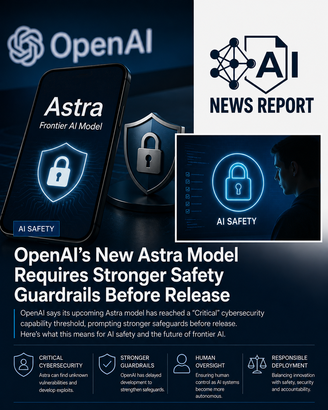 OpenAI Astra frontier AI model graphic illustrating stronger AI safety guardrails, cybersecurity protection, human oversight and responsible AI deployment before release.