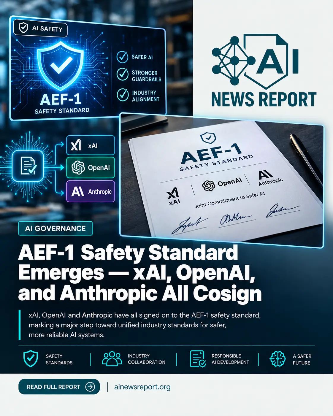 AI safety graphic featuring the AEF-1 safety standard, with xAI, OpenAI, and Anthropic shown as participating organizations in a unified AI safety initiative.