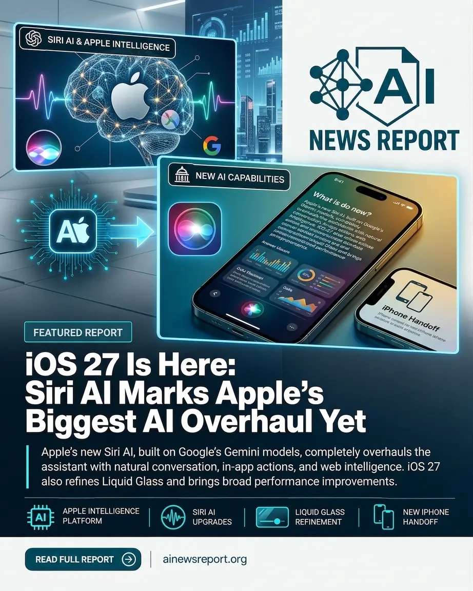 An informative graphic poster titled "iOS 27 Is Here: Siri AI Marks Apple's Biggest AI Overhaul Yet," featuring vibrant blue UI mockups of an iPhone, glowing neural networks