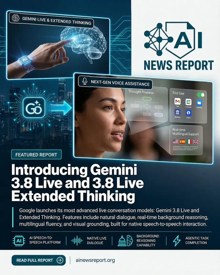 A modern infographic poster titled "Introducing Gemini 3.8 Live and 3.8 Live Extended Thinking," showcasing vibrant teal UI mockups of a woman using voice assistance