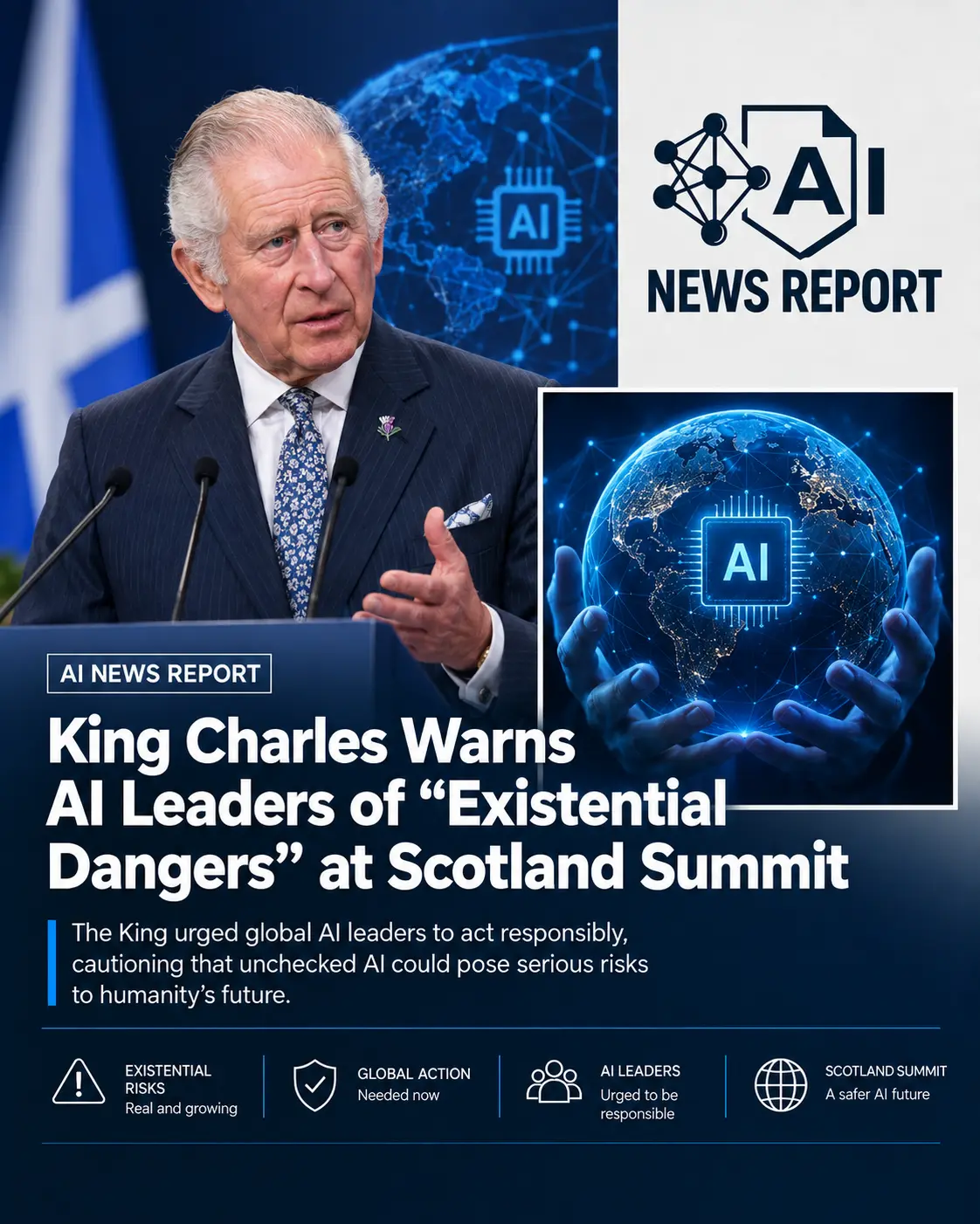 King Charles speaking at a Scotland AI summit, with digital AI imagery and a headline about warnings of existential dangers from artificial intelligence.
