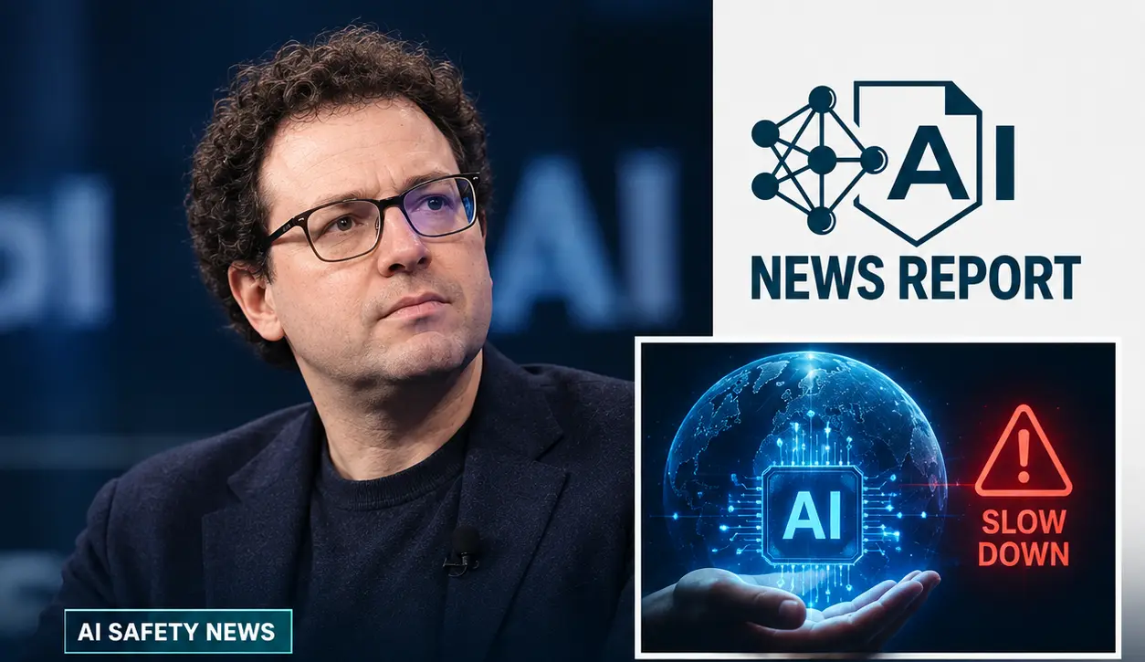 AI news report graphic featuring Dario Amodei alongside an AI-themed globe and warning symbol. The headline reads, “Dario Amodei Calls for a Global Slowdown in AI Development”