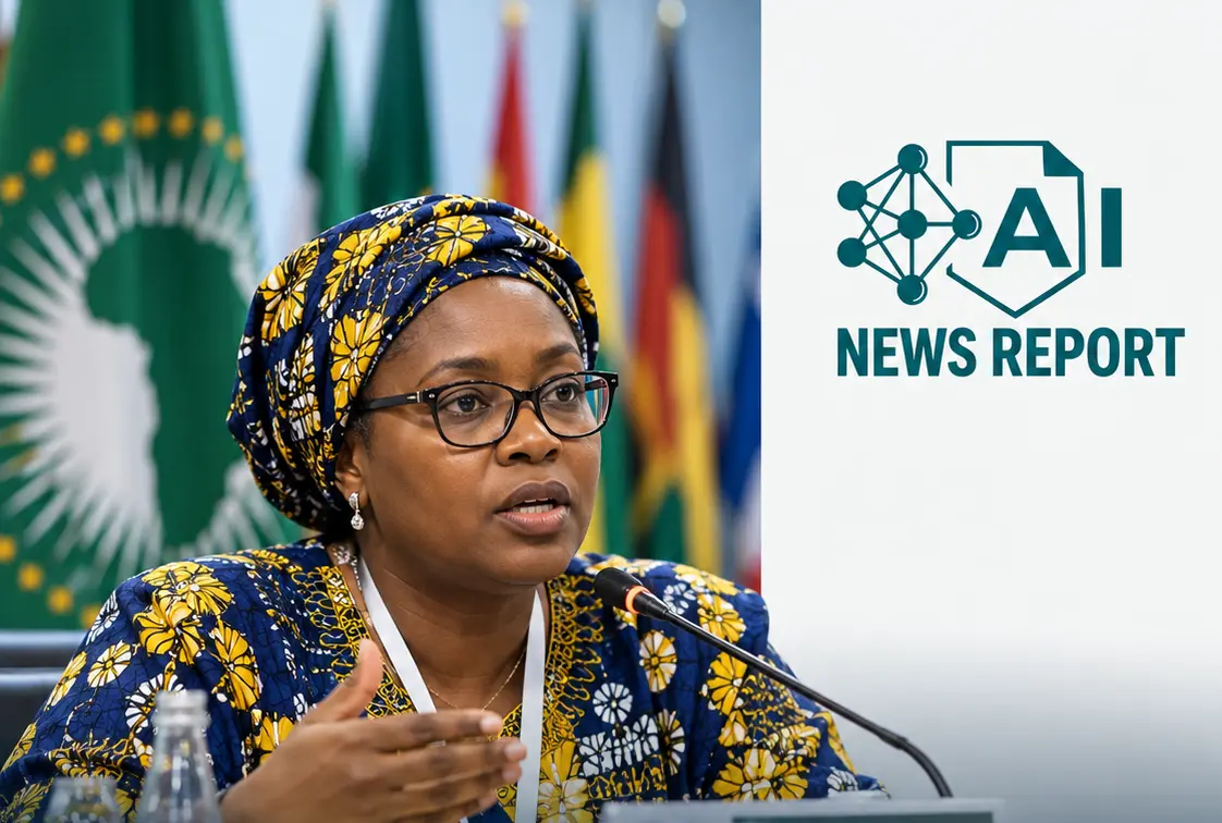 AI News Report graphic showing an African woman leader speaking at an international conference, with African flags in the background
