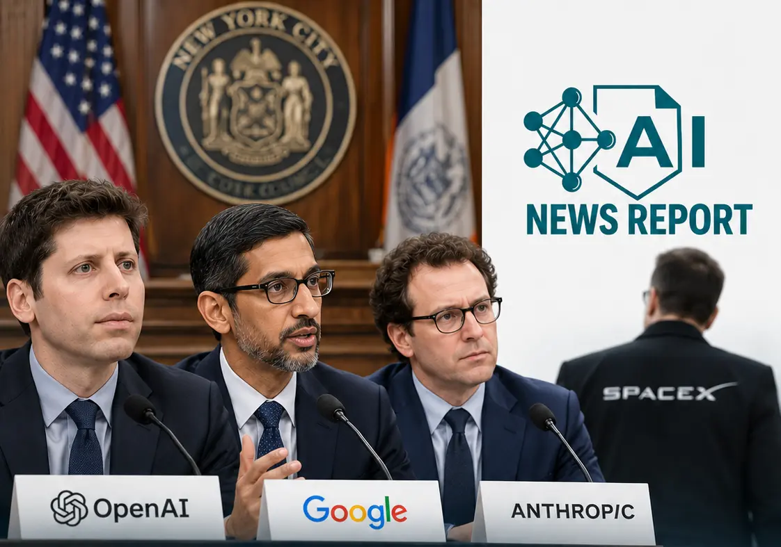 Alt text: AI News Report graphic showing three AI company executives seated at a New York City Council hearing with OpenAI, Google and Anthropic nameplates, while a SpaceX represen
