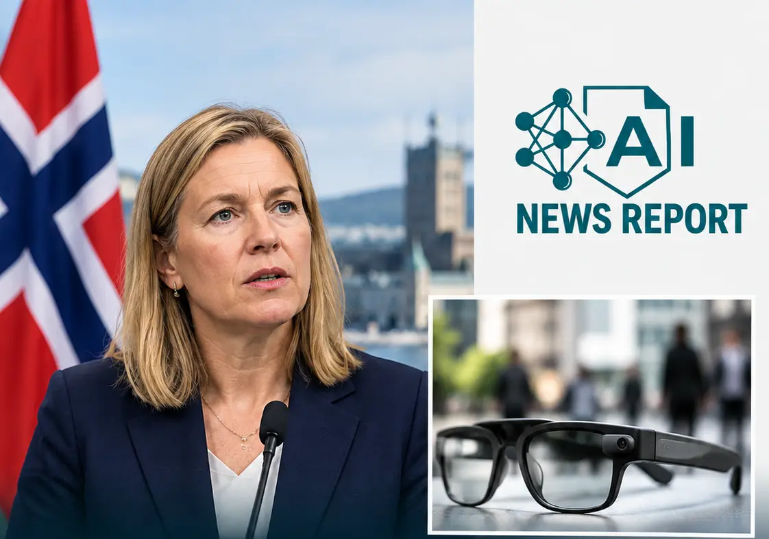 AI News Report graphic showing a Norwegian government official speaking in front of the Norwegian flag, with an inset image of AI-powered smart glasses.