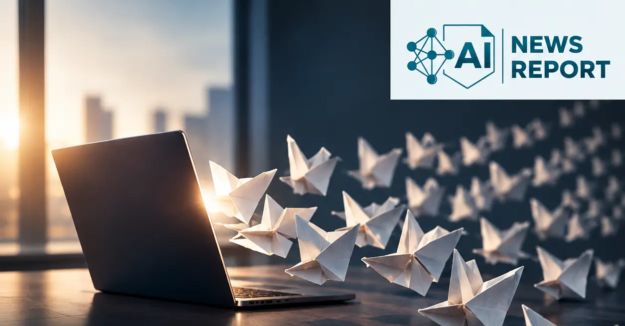 AI News Report graphic showing a laptop surrounded by multiplying white origami birds, symbolizing the potential spread of self-replicating AI systems and the cybersecurity risks