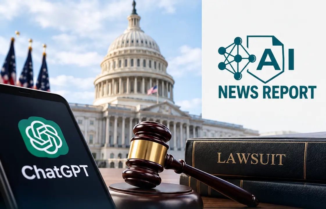 AI News Report graphic covering lawsuits filed by eight U.S. states against OpenAI over alleged ChatGPT safety failures affecting children and vulnerable users.