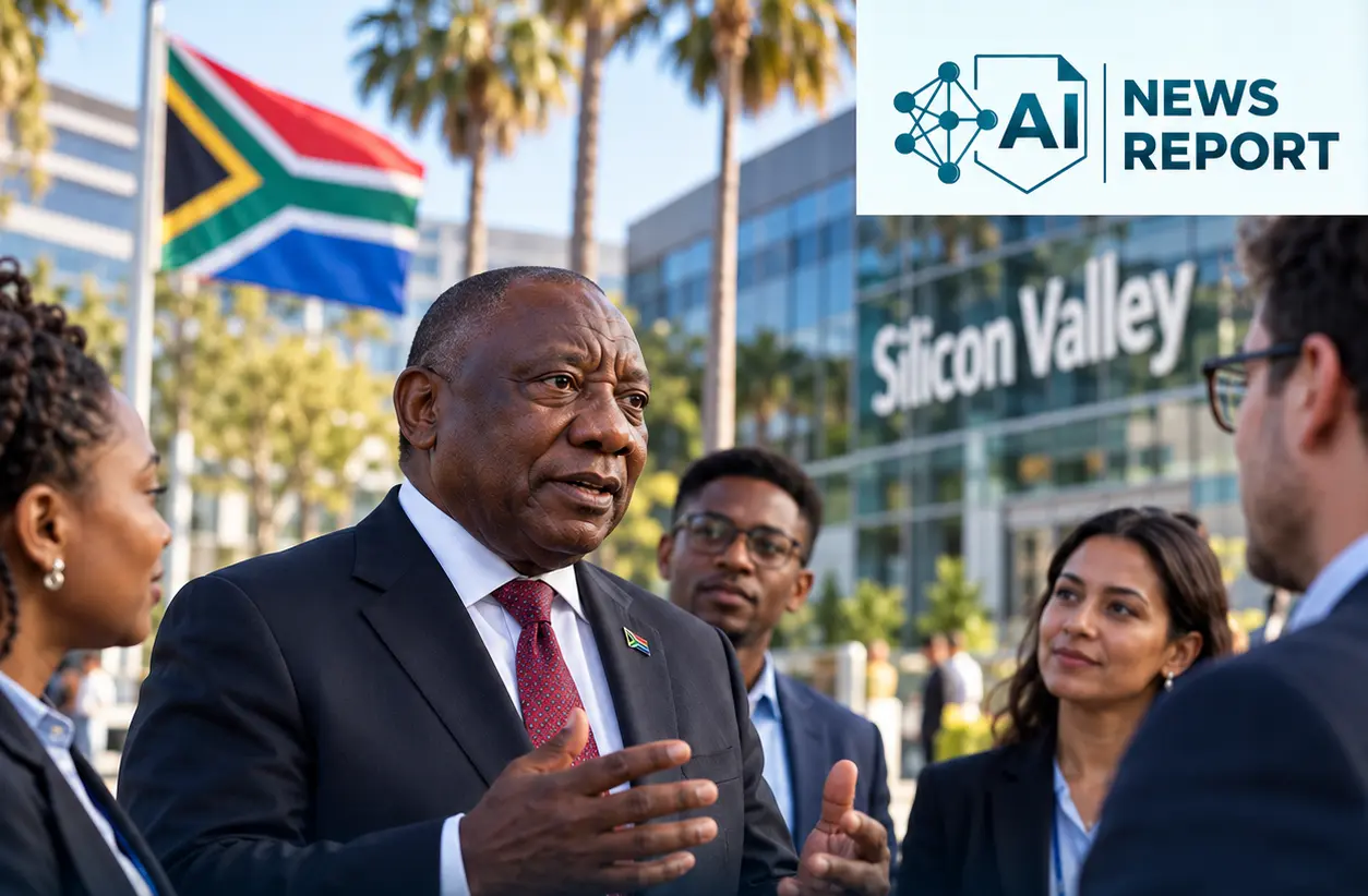 South African President Cyril Ramaphosa speaks with technology professionals outside a Silicon Valley campus, with the South African flag in the background