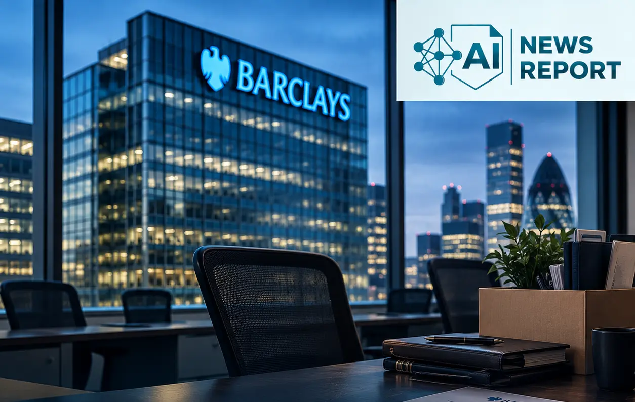 A Barclays office at dusk with an empty workstation and packed belongings, illustrating the bank’s plan to cut 5,000 jobs as it expands AI-driven efficiencies.