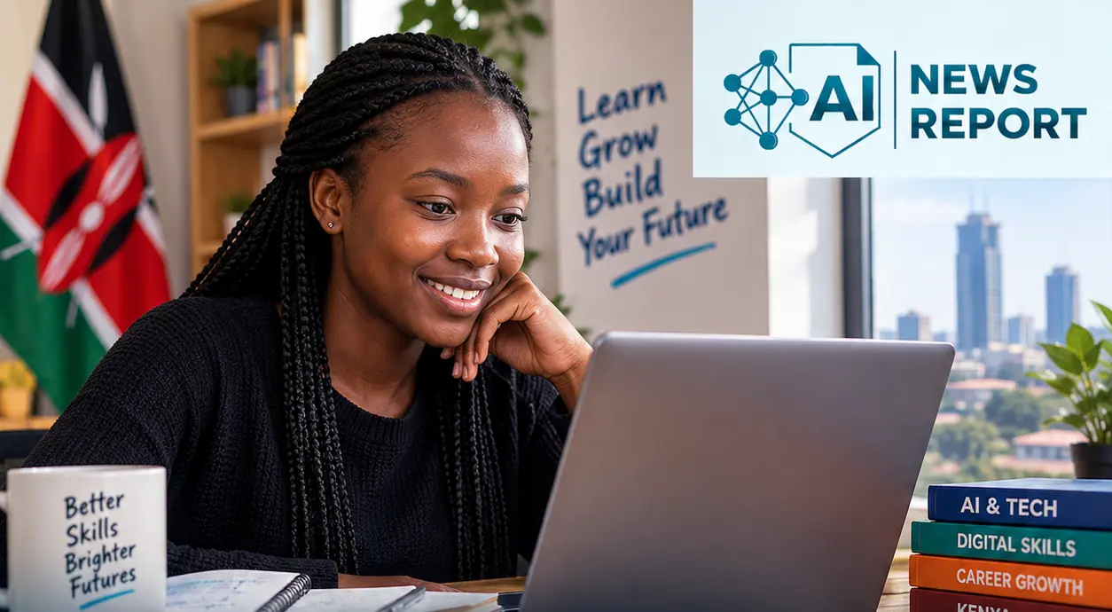 A Kenyan learner studies on a laptop beside educational books and the Kenyan flag, illustrating StudyLabAI’s growth to 90,000 learners without outside funding.