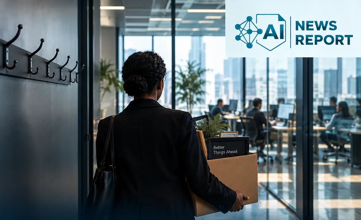 An employee carries a box of personal belongings out of a modern office, illustrating 2026 workforce reductions linked to artificial intelligence.